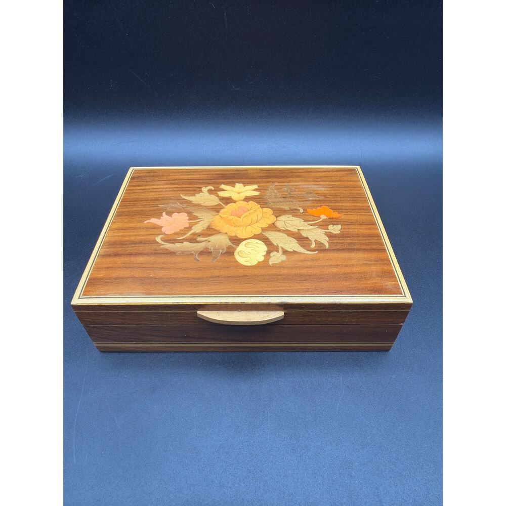 Vintage Wood Playing Card Box Floral Inlay Double Deck Bridge Box Lacquered